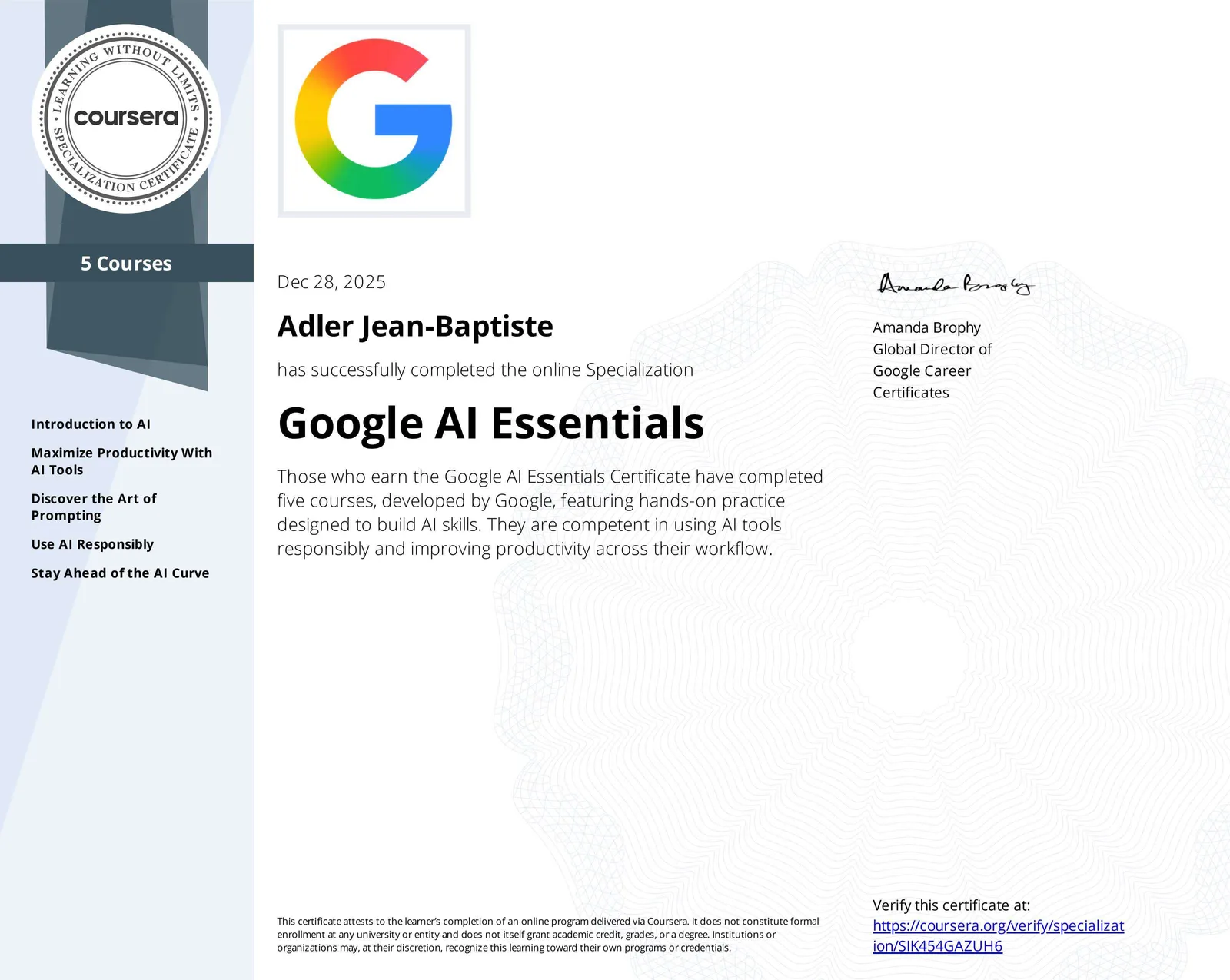 Google AI Essentials Specialization, issued to Adler Jean-Baptiste on 28 December 2025