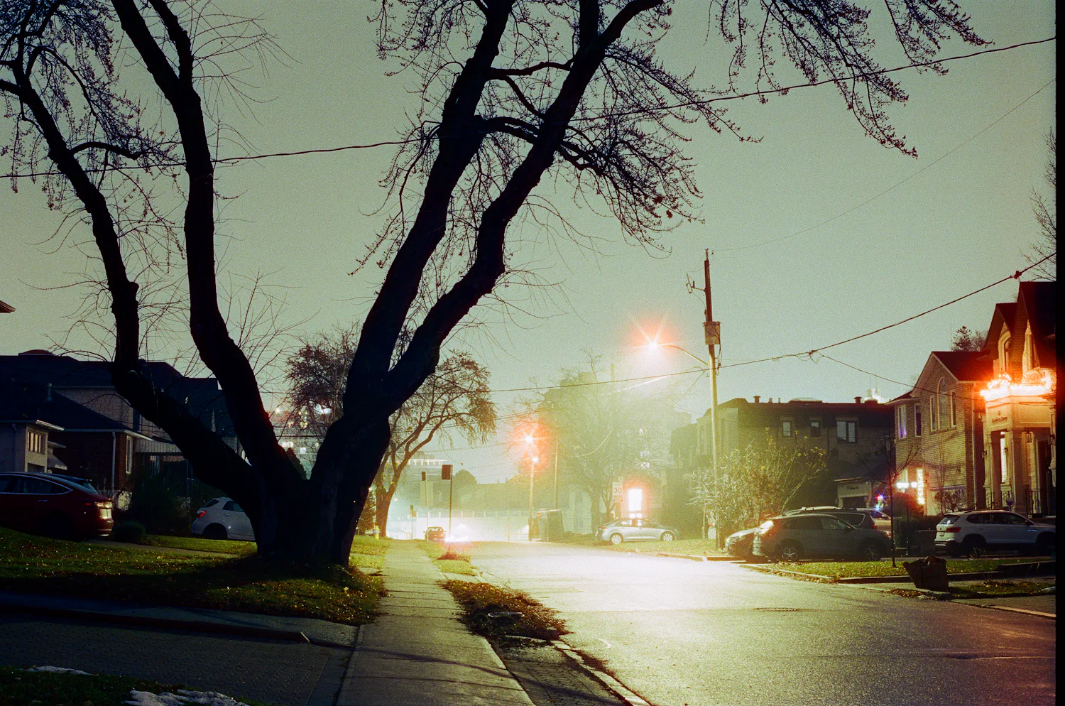 A residential street at dusk